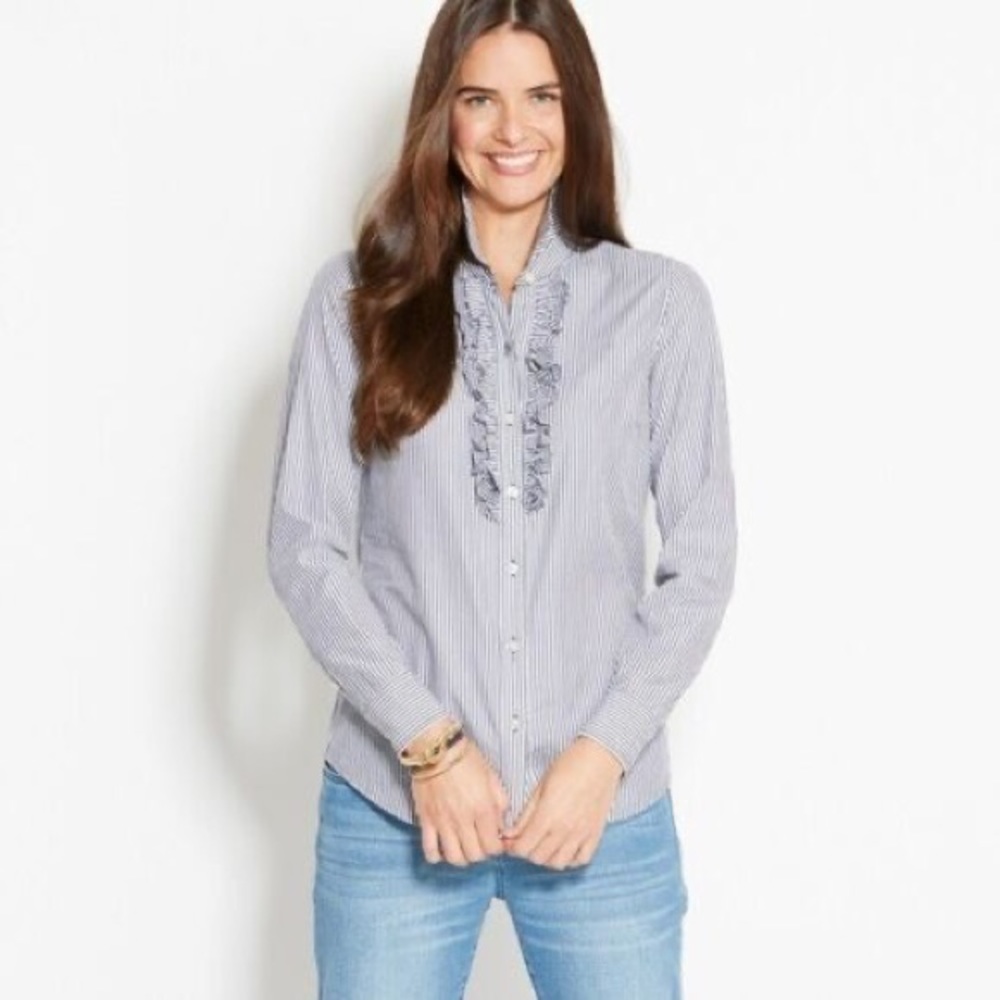 VINEYARD VINES Striped Ruffle Oxford Blouse Blue Gingham size 8